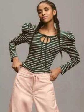 NWT Anthropologie Porridge Puff Sleeve Tie Front Top Green/Pink Size Medium